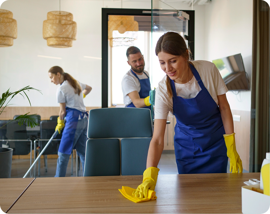 Professional residential cleaning team providing reliable home cleaning services in a modern living space.